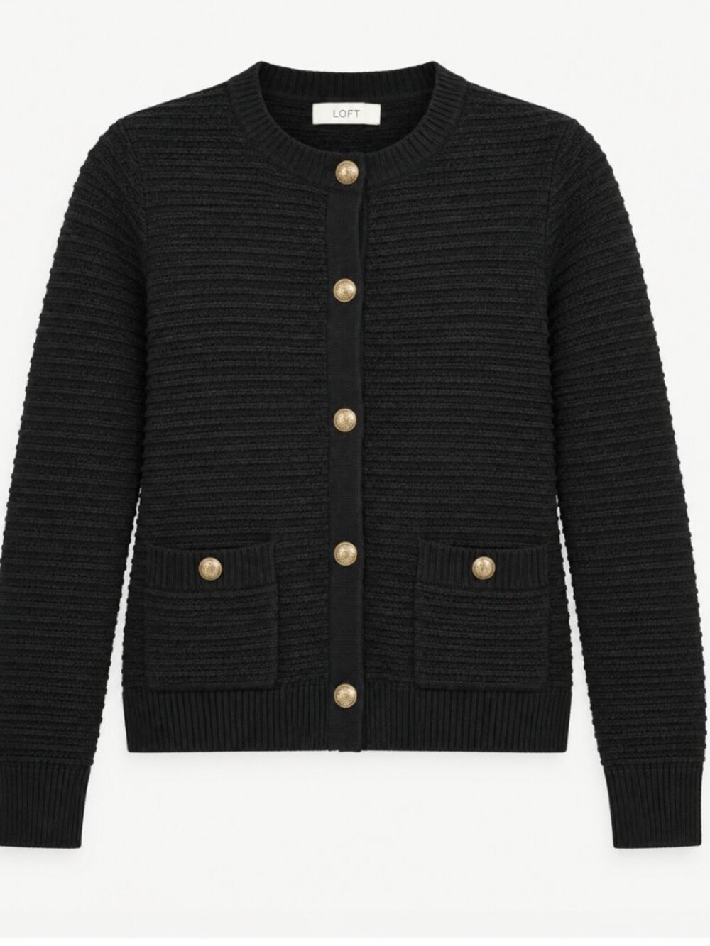 LOFT Black Tweed Stitch Lady Jacket Cardigan with Gold Buttons - Size XL - NWT